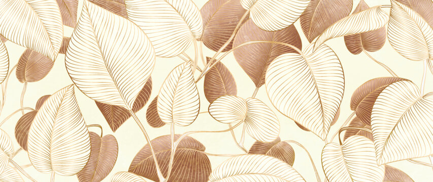 Botanical art background with brown and white leaves and gold line art elements. A natural pattern for wallpaper, banners, textiles, packaging, prints, and interior design.