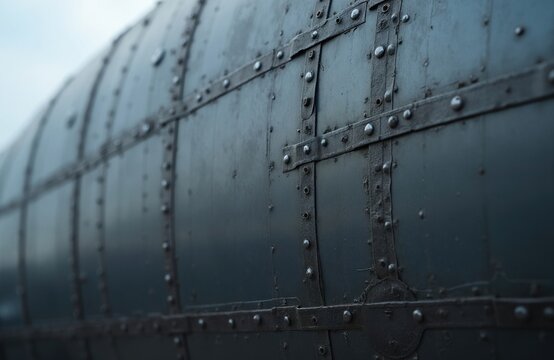 Close view of weathered aircraft metal fuselage skin with rivets. Old vintage plane side body surface shows industrial steel panels joined by bolts. Grey texture pattern displays aged aviation