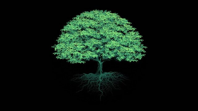 Sacred Tree of Life with Exposed Roots on Black Background