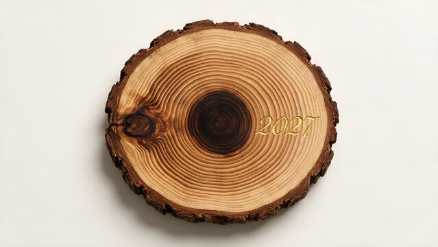 Natural wooden tree slice cross section featuring the golden embossed year twenty twenty seven set against a clean white background for a modern festive holiday concept
