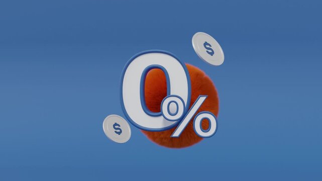 3D Zero Percent Icon with Gold Coins and Orange Furry Geometric Shape on Blue Background, Modern Finance, No Interest, Zero Fee Concept Animation