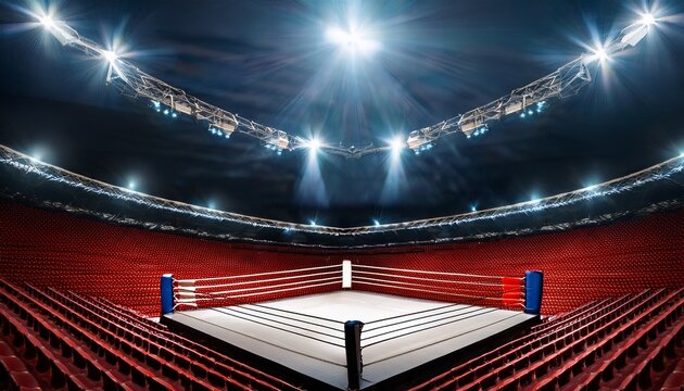 epic shot of empty boxing ring under spotlight located in a large arena with red seats referee s table in place banner with text the fight displayed dark background