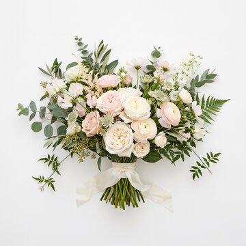 > Elegante buqu&ecirc; de noiva com rosas em tons pastel, folhagens, eucalipto e fita de seda, vista superior isolada sobre fundo branco