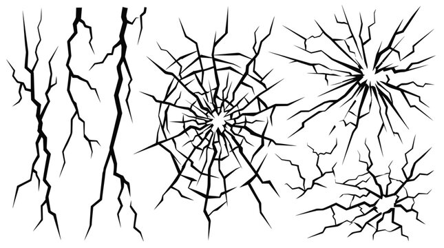 Detailed black vector illustration set of sharp broken glass cracks and spiderweb fracture design elements