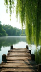 Fototapeta premium Wooden pier reaches into calm lake water under green weeping willow branches. Quiet morning landscape features forest background, serene atmosphere. Peaceful scenery provides relaxing view in spring