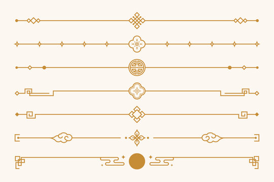 Set of decorative Mid Autumn Festival borders with traditional geometric ornaments in minimalist style. Concept of festive design and seasonal branding