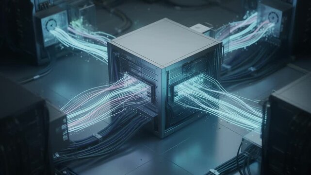 Institutional node server panel illustrating secure blockchain fund registry activity token flow sharp and background systems out of focus.
