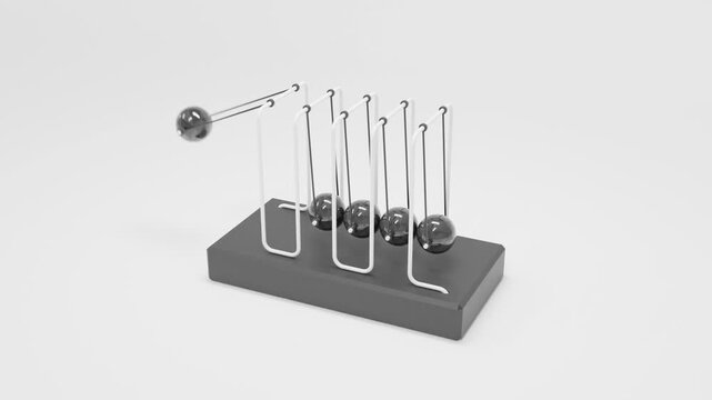 Black and White 3D abstract background showing a metallic pendulum with five spheres moving rhythmically, creating a sense of motion, symmetry, and minimalist kinetic energy