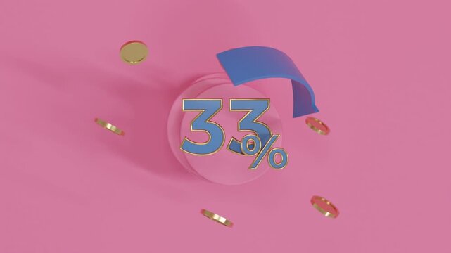 Abstract 3D Banking Growth Background with Blue Arrow and Gold Coins Rotating Around 25 Percent Symbol Above Pink Surface and Podium Investment Profit Financial and Savings Concept Render