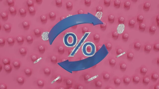 Abstract 3D Banking Background with Blue Arrows and Silver Coins Rotating Around Percent Symbol Above Pink Surface with Floating Spheres Economic Growth Investment and Financial Concept Render