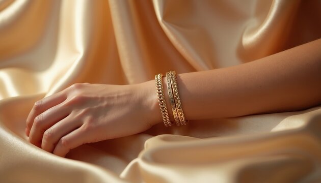 Woman wears gold bracelets on wrist. Close up view of hand with luxury jewelry accessories on silky fabric background. Elegant feminine arm posing against soft satin drape. Fashion photography style
