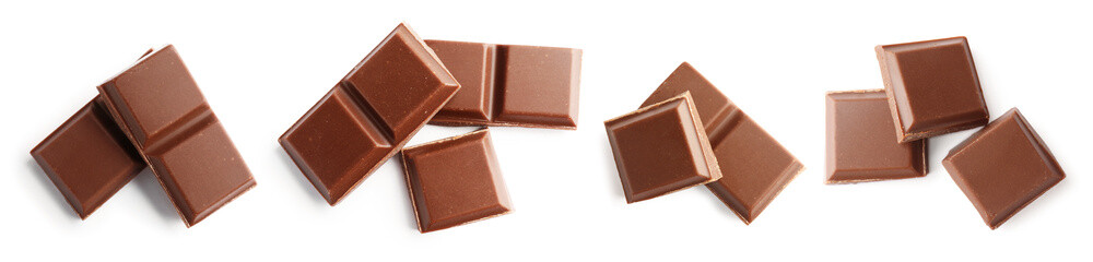 Fototapeta premium Milk chocolate pieces isolated on white, set. Top view
