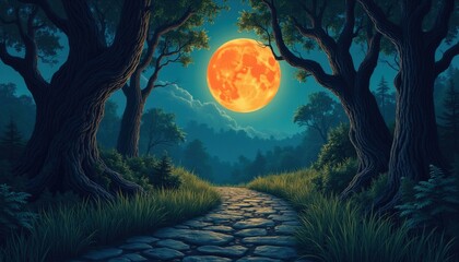 Fototapeta premium Full orange moon shines bright over stone path in dark forest. Giant glowing orb illuminates woods with blue light at night. Tall trees border pathway in quiet woodland area. Nature landscape view