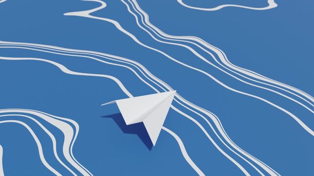 Paper Airplane Flying over Abstract Blue Background with White Wavy Lines, Minimal Paper Plane Animation, Clean Modern Design, Seamless Loop Motion Graphics