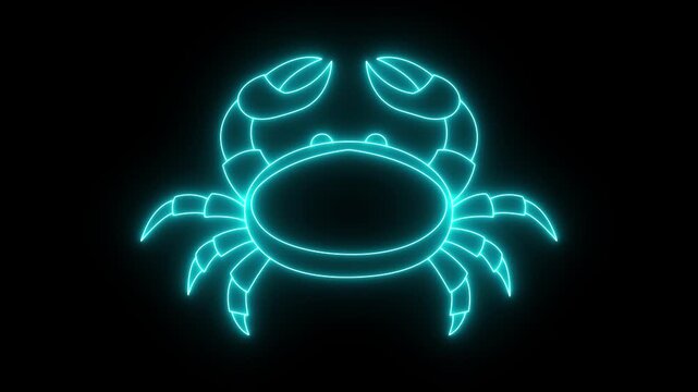 Glowing neon Crab icon isolated on black background. showcasing Crab claws and segmented legs, perfect for nautical themes and seafood branding. 4k video animation.