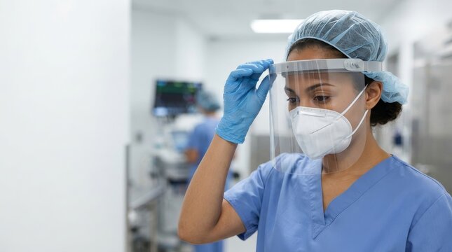 Female doctor adjusting protective face shield in hospital. Healthcare professional wearing N95 mask and surgical cap. Medical safety equipment concept