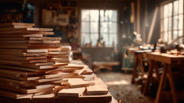 Stunning photo of Close up of wooden boards in a carpentry workshop. Woodworking project concept.