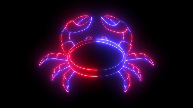 Glowing neon Crab icon isolated on black background. showcasing Crab claws and segmented legs, perfect for nautical themes and seafood branding. 4k video animation.