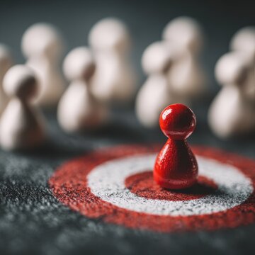 Stunning photo of A single red pawn stands out on a target. Represents leadership and competitive.