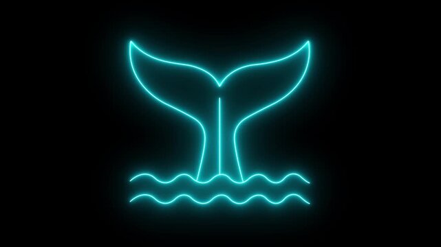 glowing neon whale tail fluke diving into sea water waves icon isolated on black background. Elegant marine animal fluke symbol for ocean conservation, sea life and maritime graphics. 4k video.