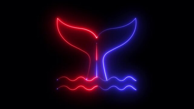 glowing neon whale tail fluke diving into sea water waves icon isolated on black background. Elegant marine animal fluke symbol for ocean conservation, sea life and maritime graphics. 4k video.