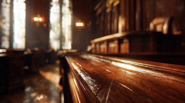 Stunning photo of A polished wooden bench inside a historic, sunlight-filled courtroom. Symbolizes.