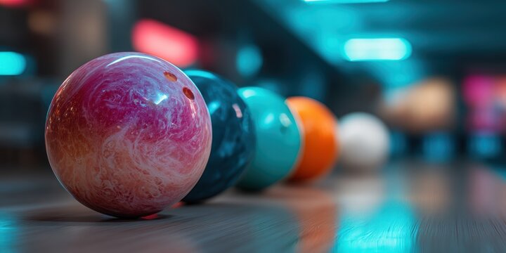 Stunning photo of A pink bowling ball resting on a wooden lane. Representing sports, play, and.