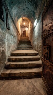 Stunning photo of A dimly lit staircase leads into a mysterious, abandoned stone tunnel. It.