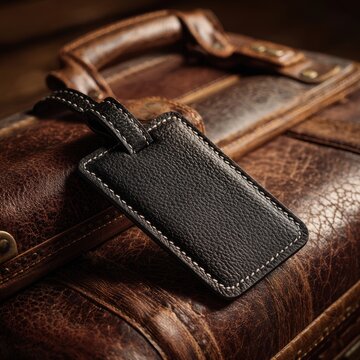 Stunning photo of A black leather luggage tag resting on a vintage travel bag. Travel accessory.