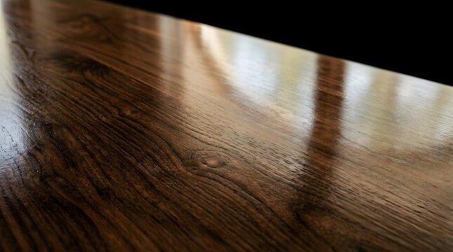 Polished Dark Wood Surface with Grain and Reflections, Elegant Interior Design Background