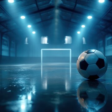 Stunning photo of A black and white soccer ball sits on an indoor pitch. Symbolizing sports and.