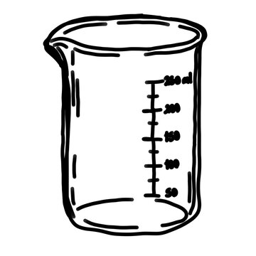 Hand Drawn Laboratory Beaker Glass Container Outline Icon.Minimal hand drawn laboratory beaker illustration with measurement markings. Simple black outline scientific glassware icon isolated on white 