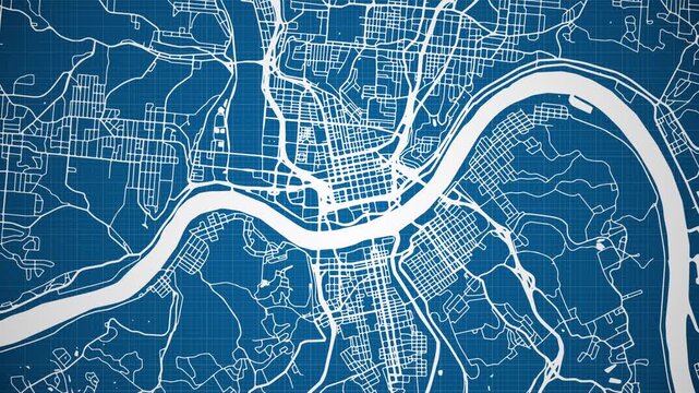 Ink reveal animation of Cincinnati city, Ohio (OH), United States of America, grid map. Aerial top view. Blueprint style. White lines with blue background. 4K Seamless loop.