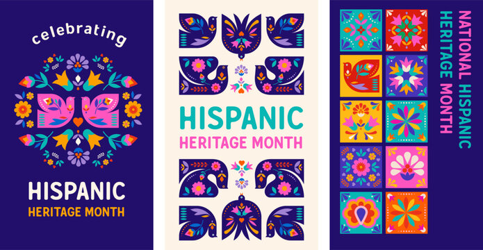 National Hispanic heritage month celebration posters background. Colorful vector illustration with traditional birds and flowers folk pattern.
