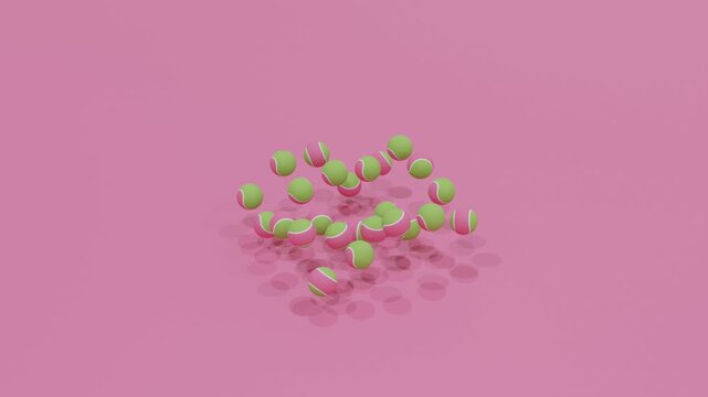 Abstract 3D animation featuring Green and Pink tennis balls arranged in a square grid, bouncing playfully on a Pink surface, creating vibrant geometric motion and rhythmic modern visual composition