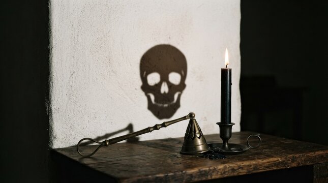 Candle and brass snuffer casting a skull shadow on a plaster wall for spooky halloween background and poster design