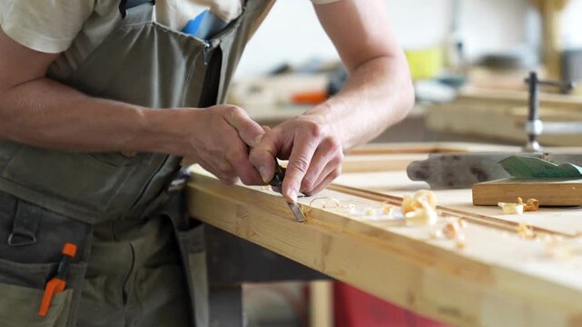 Master restorer carving wooden door surface detail using chisel, handwork and refurbishing, passionate man crafter in wood restoration workshop implementing tools for wood remodeling and repairing.