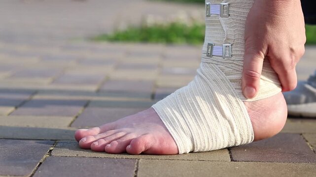 Injured leg with elastic bandage on ankle. Female leg wrapped in medical elastic bandage on cobblestone background. Concept of sports injury, sprain. First aid for ankle injury while walking