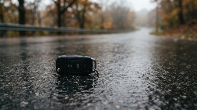Lost car key fob lying on wet asphalt road in a rainy autumn scene for safety awareness and insurance banner design