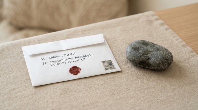Sealed envelope with red wax seal addressed to sarah jenkins on table with rock paperweight for mail and stationery background