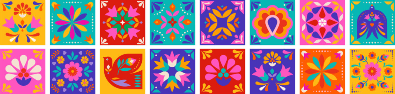 National Hispanic heritage month celebration floral tiles and borders. Colorful vector illustration with geometric flat papel picado floral folk pattern.