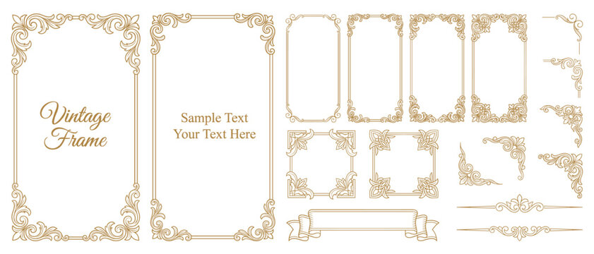 Vintage gold frame set vector ornamental border template for wedding invitation card and certificate design
