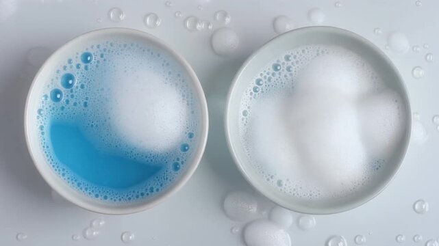 AI-generated 4K video comparing two bowls with foamy dishwashing liquid. Realistic bubbles, blue detergent, top view, cleaning concept, ultra-realistic, high detail, 16:9