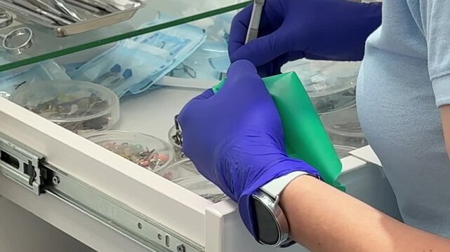 Dental instruments selected by nurse hands from sterile tray before dental treatment in modern clinic with clean medical tools ready for procedure