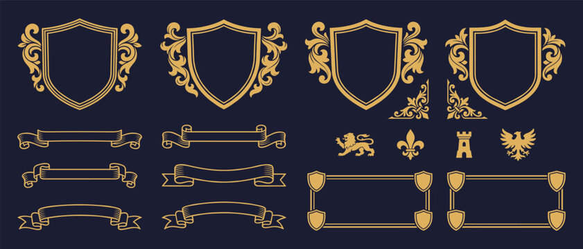 Heraldic shield frame vector set gold royal crest template with ribbon banner and lion emblem
