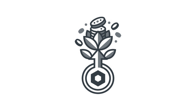 Cryptocurrency growth icon with plant and coins.