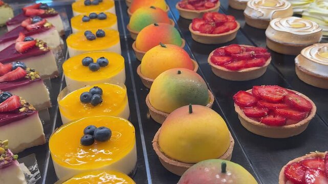French desserts displayed in pastry showcase with strawberry cakes fruit mousse pastries colorful meringue and elegant handmade sweets in bakery display