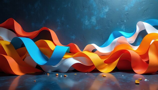 Abstract colorful paper ribbons twist and turn. Bright paper waves flow dynamically on dark textured background. Graphic design art with wavy shapes.