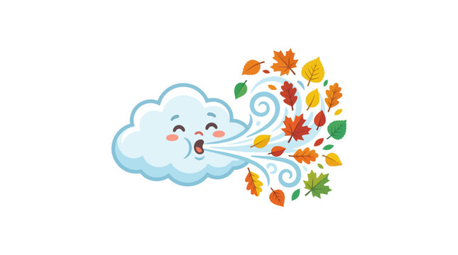 Cute blue cloud blowing colorful autumn leaves away.