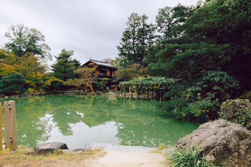 Fototapeta premium Japanese garden with pond reflection and sculpted trees in traditional palace landscape, Kyoto, Japan 